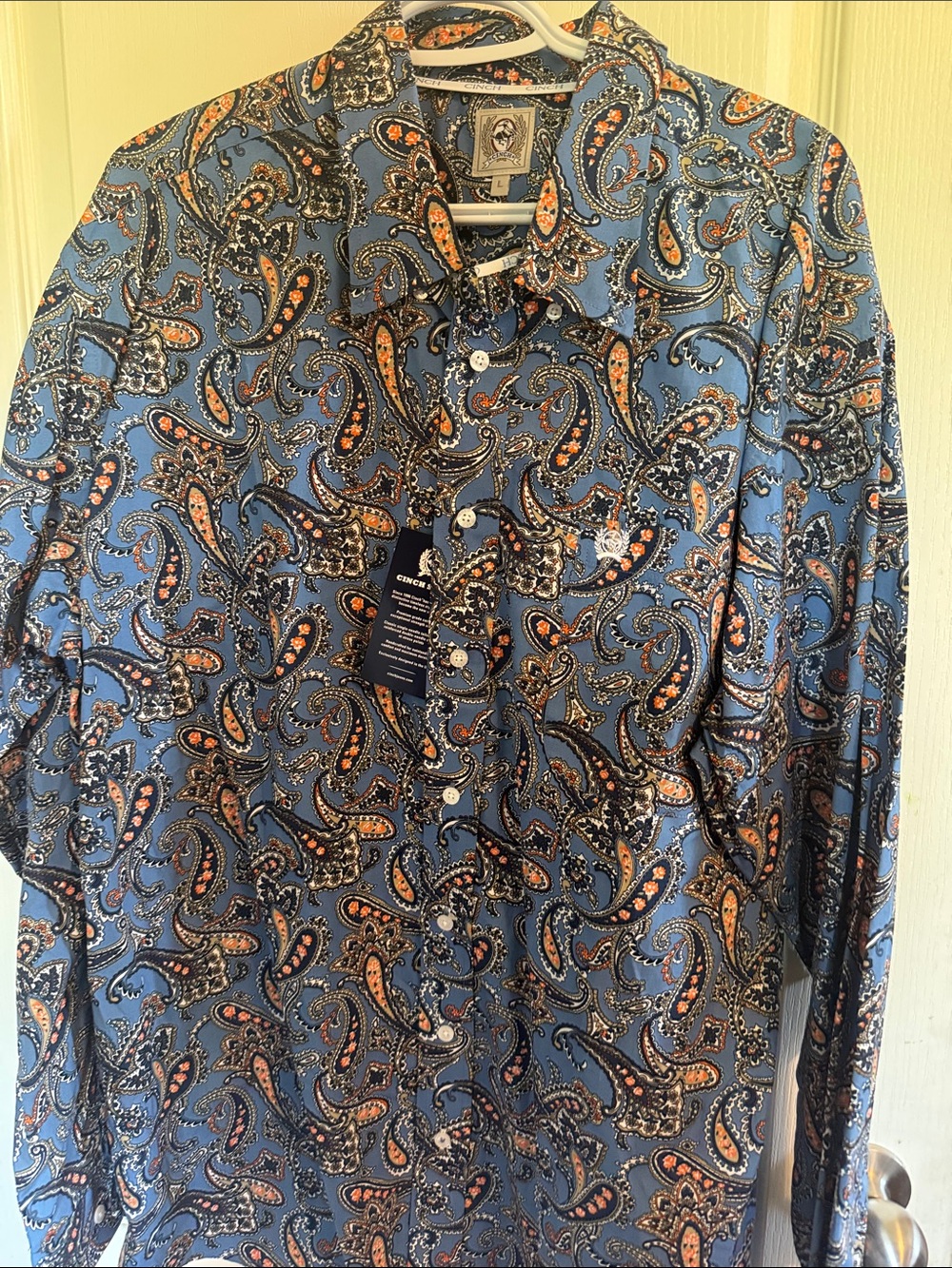 Cinch Blue Paisley Button-Down Shirt with Orange Accents